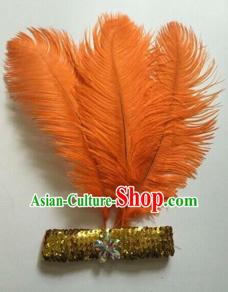 Top Grade Professional Stage Show Halloween Parade Orange Ostrich Feather Hair Accessories, Brazilian Rio Carnival Samba Dance Modern Fancywork Headwear for Women