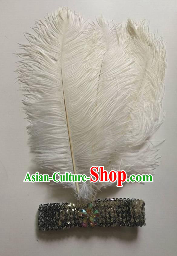 Top Grade Professional Stage Show Halloween Parade White Ostrich Feather Hair Accessories, Brazilian Rio Carnival Samba Dance Modern Fancywork Headwear for Women