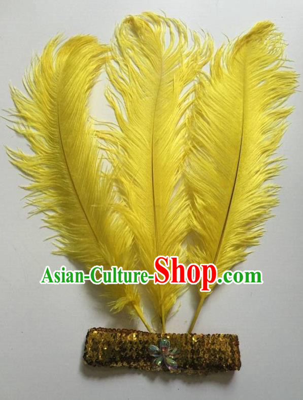 Top Grade Professional Stage Show Halloween Parade Yellow Ostrich Feather Hair Accessories, Brazilian Rio Carnival Samba Dance Modern Fancywork Headwear for Women