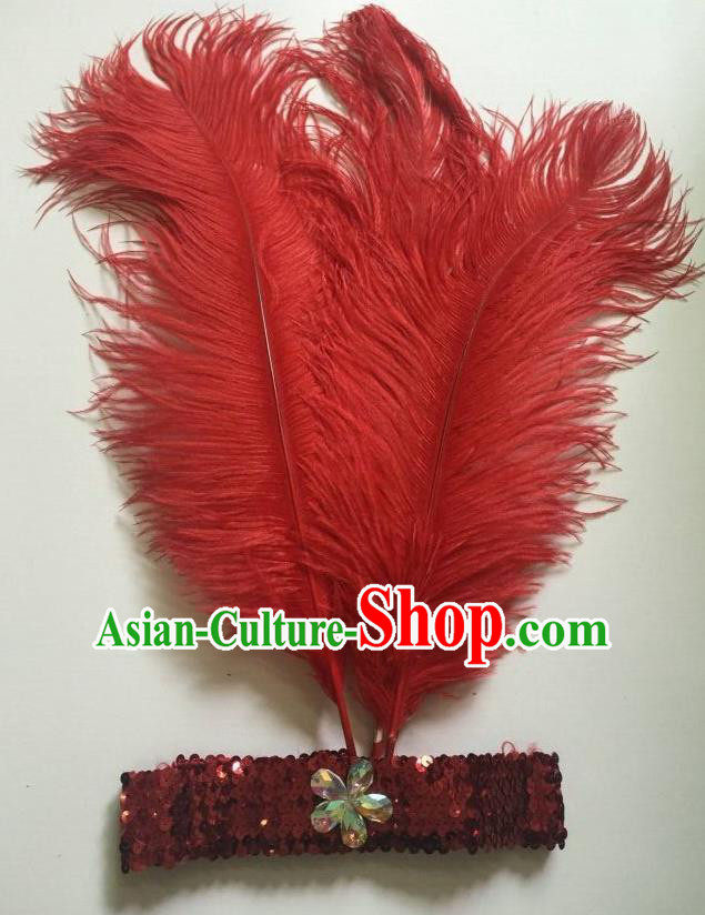 Top Grade Professional Stage Show Halloween Parade Red Ostrich Feather Hair Accessories, Brazilian Rio Carnival Samba Dance Modern Fancywork Headwear for Women