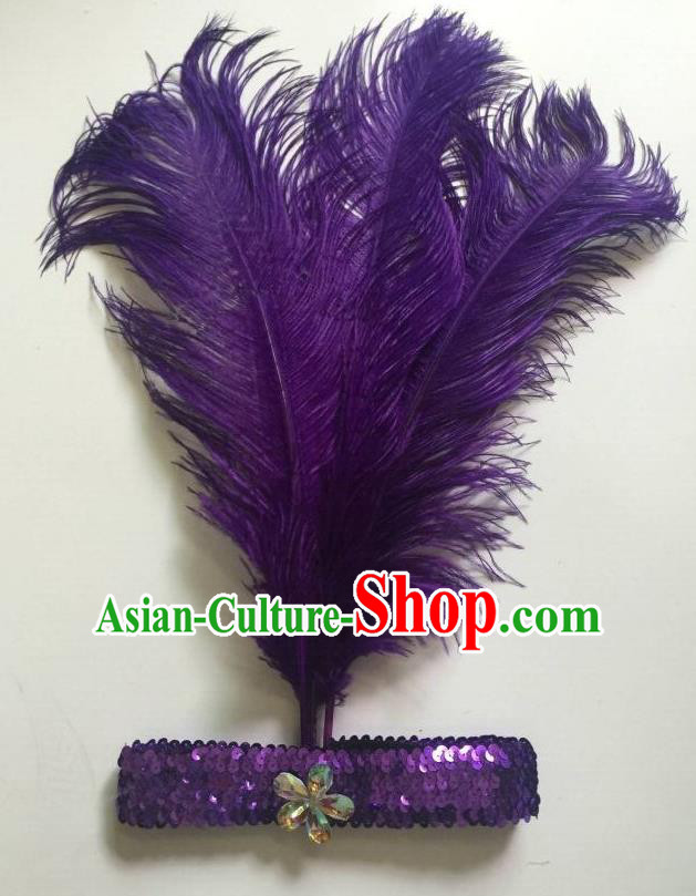 Top Grade Professional Stage Show Halloween Parade Purple Ostrich Feather Hair Accessories, Brazilian Rio Carnival Samba Dance Modern Fancywork Headwear for Women