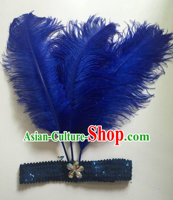 Top Grade Professional Stage Show Halloween Parade Royalblue Ostrich Feather Hair Accessories, Brazilian Rio Carnival Samba Dance Modern Fancywork Headwear for Women