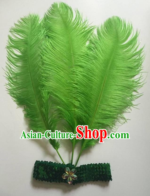 Top Grade Professional Stage Show Halloween Parade Green Ostrich Feather Hair Accessories, Brazilian Rio Carnival Samba Dance Modern Fancywork Headwear for Women