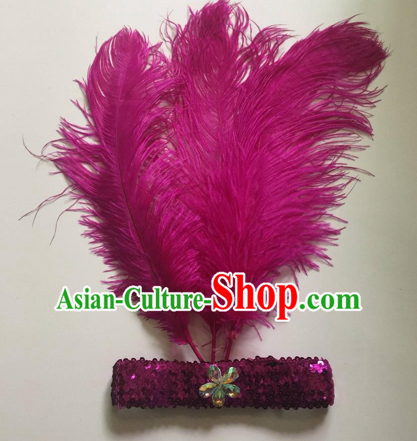 Top Grade Professional Stage Show Halloween Parade Rosy Ostrich Feather Hair Accessories, Brazilian Rio Carnival Samba Dance Modern Fancywork Headwear for Women