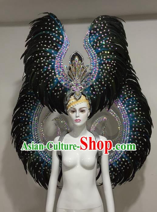 Top Grade Professional Stage Show Halloween Parade Blue Feather Wings and Hair Accessories, Brazilian Rio Carnival Samba Dance Modern Fancywork Decorations Props for Women