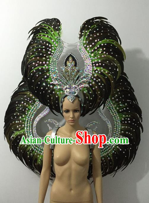 Top Grade Professional Stage Show Halloween Parade Green Feather Wings and Hair Accessories, Brazilian Rio Carnival Samba Dance Modern Fancywork Decorations Props for Women