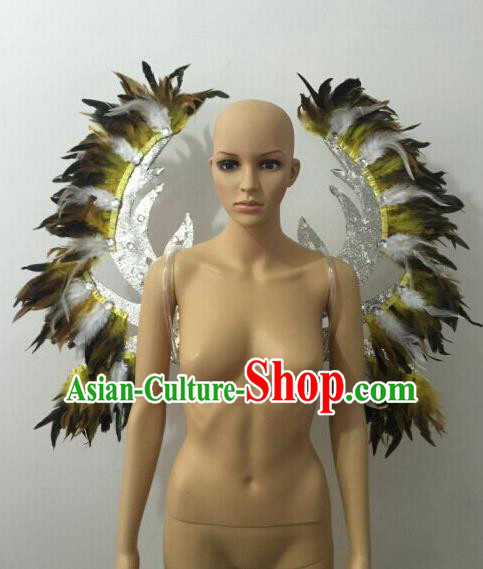 Top Grade Professional Stage Show Halloween Parade Yellow Feather Wings Accessories, Brazilian Rio Carnival Samba Dance Modern Fancywork Decorations Props for Women