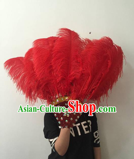 Top Grade Professional Stage Show Halloween Parade Red Feather Big Hair Accessories, Brazilian Rio Carnival Samba Dance Modern Fancywork Headdress for Women