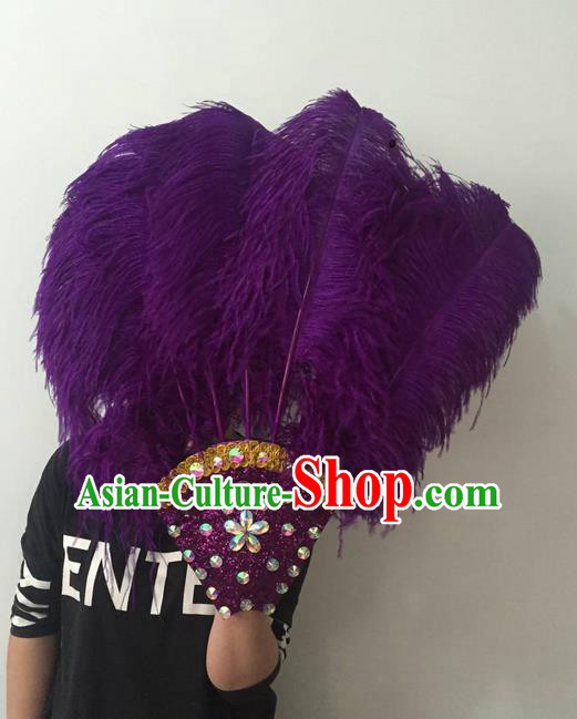 Top Grade Professional Stage Show Halloween Parade Purple Feather Big Hair Accessories, Brazilian Rio Carnival Samba Dance Modern Fancywork Headdress for Women