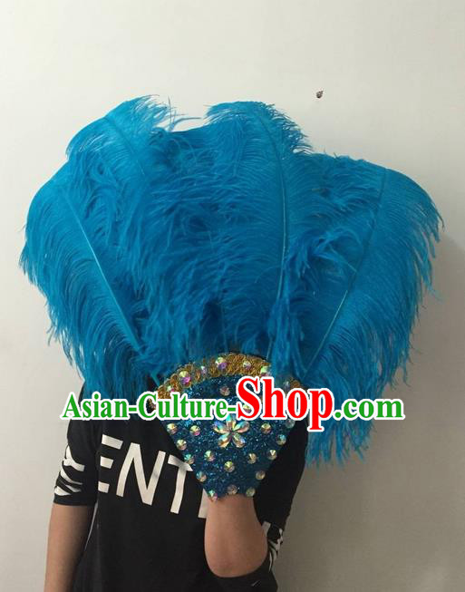 Top Grade Professional Stage Show Halloween Parade Blue Feather Big Hair Accessories, Brazilian Rio Carnival Samba Dance Modern Fancywork Headdress for Women