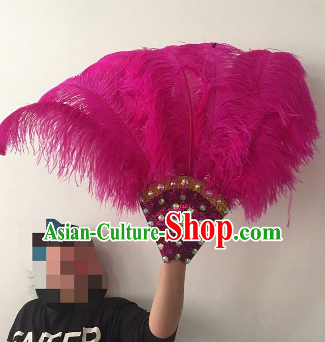 Top Grade Professional Stage Show Halloween Parade Rosy Feather Big Hair Accessories, Brazilian Rio Carnival Samba Dance Modern Fancywork Headdress for Women