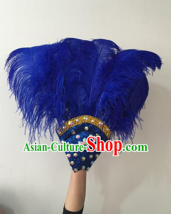 Top Grade Professional Stage Show Halloween Parade Royalblue Feather Big Hair Accessories, Brazilian Rio Carnival Samba Dance Modern Fancywork Headdress for Women