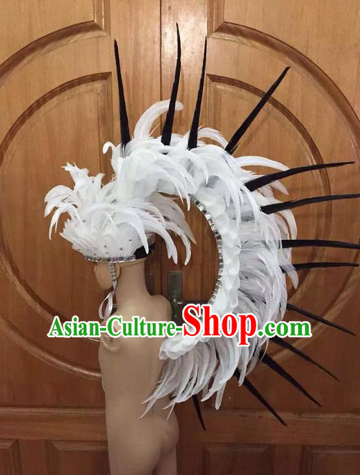 Top Grade Professional Stage Show Halloween Parade Big Hair Accessories, Brazilian Rio Carnival Samba Dance Modern Fancywork White Feather Soldier Headdress for Kids