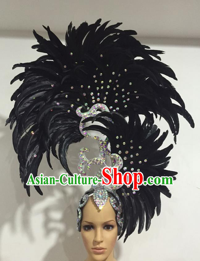 Top Grade Professional Stage Show Halloween Parade Big Hair Accessories, Brazilian Rio Carnival Samba Dance Modern Fancywork Black Feather Giant Headpiece for Kids