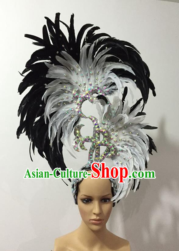 Top Grade Professional Stage Show Halloween Parade Big Hair Accessories, Brazilian Rio Carnival Samba Dance Modern Fancywork White and Black Feather Giant Headpiece for Kids