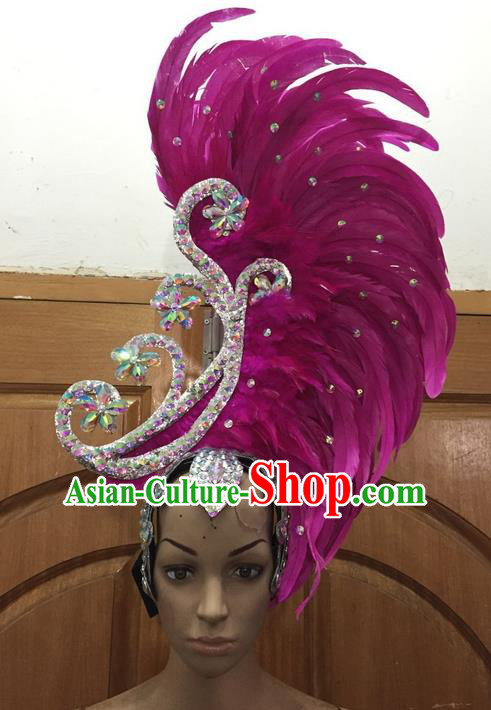 Top Grade Brazilian Rio Carnival Samba Dance Hair Accessories, Halloween Parade Giant Rosy Feather Headpiece for Women