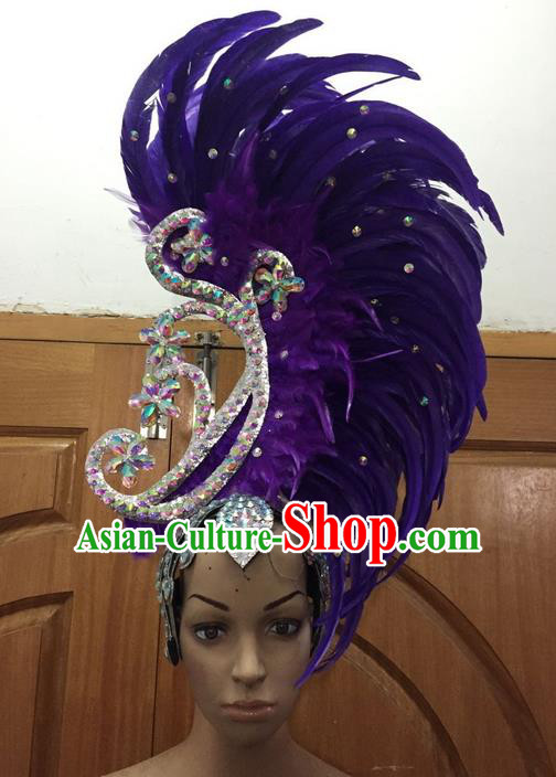 Top Grade Brazilian Rio Carnival Samba Dance Hair Accessories, Halloween Parade Giant Purple Feather Headpiece for Women