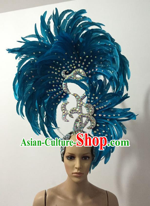 Top Grade Professional Stage Show Halloween Parade Big Hair Accessories, Brazilian Rio Carnival Samba Dance Modern Fancywork Light Blue Feather Giant Headpiece for Kids