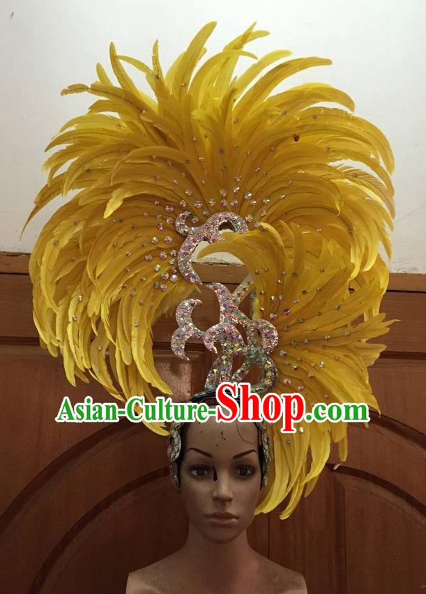 Top Grade Professional Stage Show Halloween Parade Big Hair Accessories, Brazilian Rio Carnival Samba Dance Modern Fancywork Yellow Feather Giant Headpiece for Kids