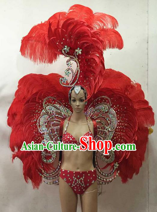 Top Grade Professional Performance Catwalks Costume Red Feather Bikini and Wings, Traditional Brazilian Rio Carnival Samba Dance Modern Fancywork Swimsuit Clothing for Women