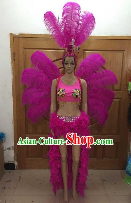 Top Grade Professional Performance Catwalks Costume Rosy Feather Bikini and Wings, Traditional Brazilian Rio Carnival Samba Dance Modern Fancywork Swimsuit Clothing for Women
