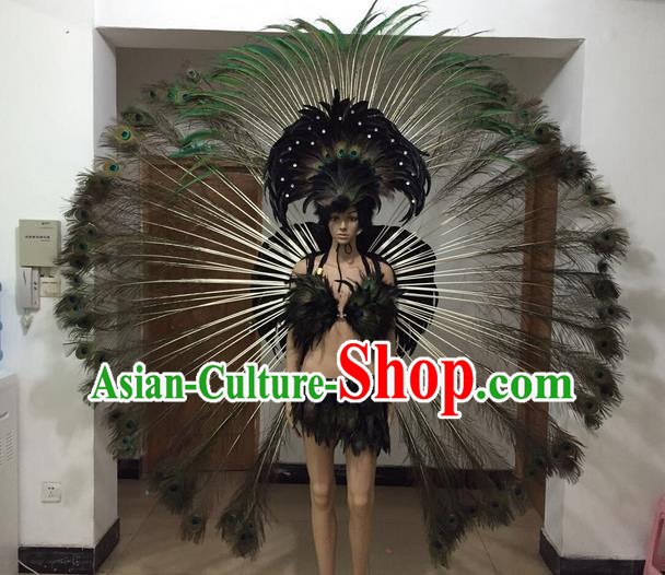 Top Grade Professional Performance Catwalks Costume Black Feather Bikini and Wings, Traditional Brazilian Rio Carnival Samba Dance Modern Fancywork Swimsuit Clothing for Women