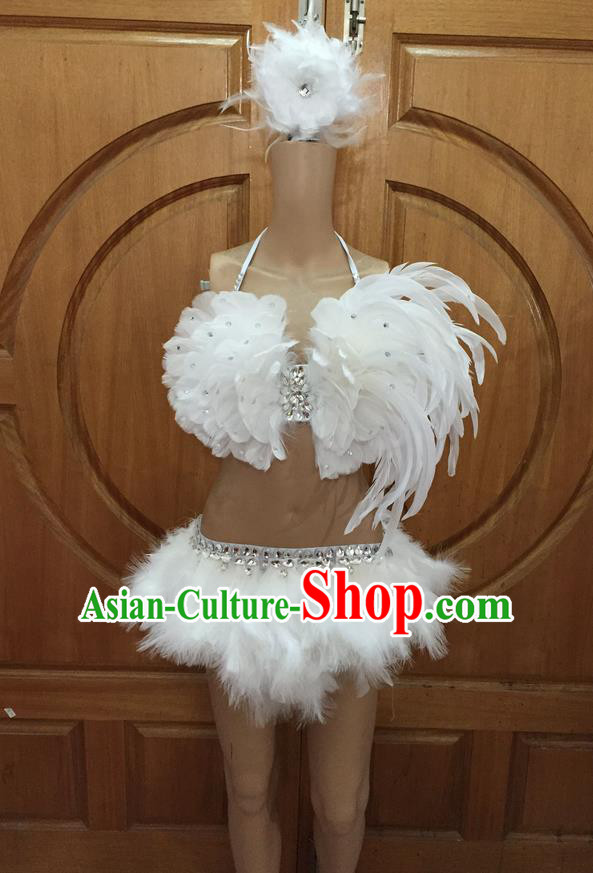 Top Grade Professional Performance Catwalks Costume Bikini and Headpiece, Traditional Brazilian Rio Carnival Samba Dance Modern Fancywork White Swimsuit for Women