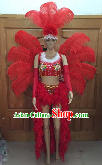 Top Grade Professional Performance Catwalks Costume Red Feather Bikini and Wings, Traditional Brazilian Rio Carnival Samba Dance Modern Fancywork Swimsuit Headpiece for Women