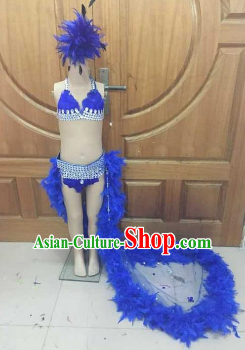 Top Grade Professional Performance Catwalks Costume Blue Feather Bikini, Traditional Brazilian Rio Carnival Samba Dance Modern Fancywork Clothing and Headpiece for Kids