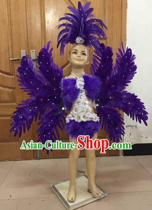 Top Grade Professional Performance Catwalks Costume Purple Feather Bikini with Wings, Traditional Brazilian Rio Carnival Samba Dance Modern Fancywork Clothing and Headpiece for Kids