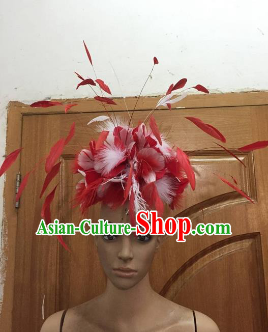 Top Grade Professional Stage Show Halloween Parade Hair Accessories, Brazilian Rio Carnival Samba Dance Modern Fancywork Red Feather Giant Headwear for Women