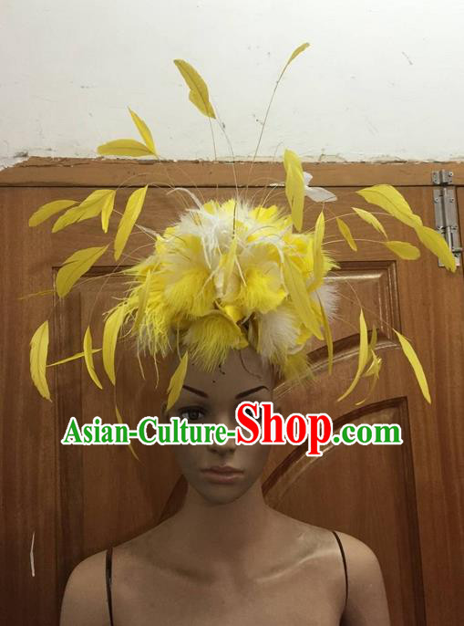 Top Grade Professional Stage Show Halloween Parade Hair Accessories, Brazilian Rio Carnival Samba Dance Modern Fancywork Yellow Feather Giant Headwear for Women