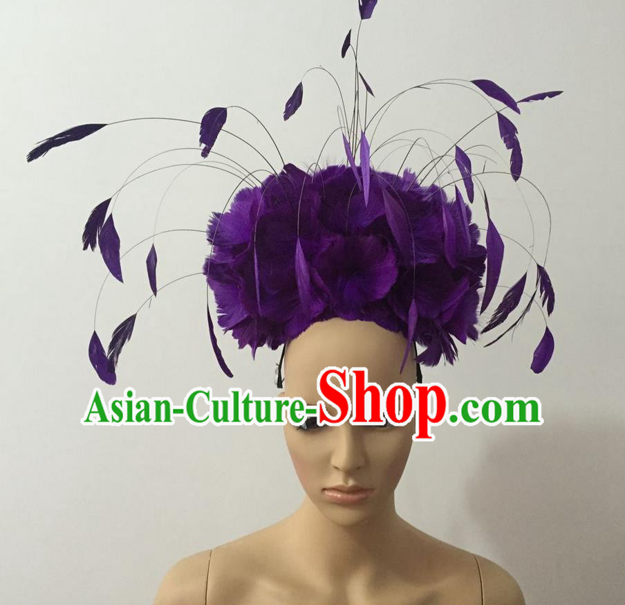 Top Grade Professional Stage Show Halloween Parade Hair Accessories, Brazilian Rio Carnival Samba Dance Modern Fancywork Purple Feather Giant Headwear for Women