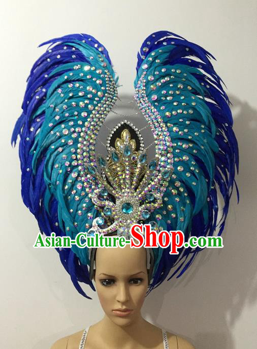 Top Grade Halloween Parade Hair Accessories Brazilian Rio Carnival Samba Dance Blue Feather Giant Headwear for Women