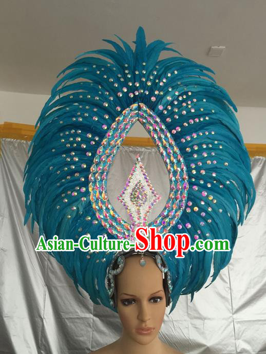 Top Grade Halloween Parade Hair Accessories Brazilian Rio Carnival Samba Dance Blue Feather Giant Headwear for Women