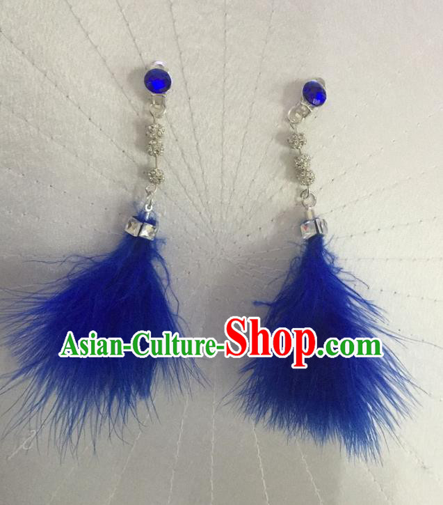 Top Grade Brazilian Rio Carnival Samba Dance Accessories Earrings, Halloween Parade Blue Feather Eardrop for Women