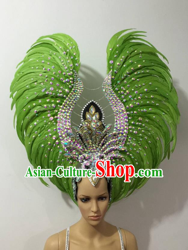 Top Grade Brazilian Rio Carnival Samba Dance Hair Accessories Headwear, Halloween Parade Green Feather Headpiece for Women