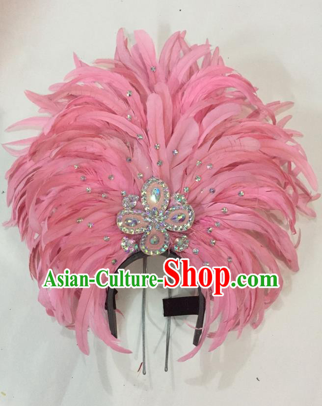 Top Grade Brazilian Rio Carnival Samba Dance Hair Accessories Giant Headpiece Headwear, Halloween Parade Big Pink Feather Headdress for Women