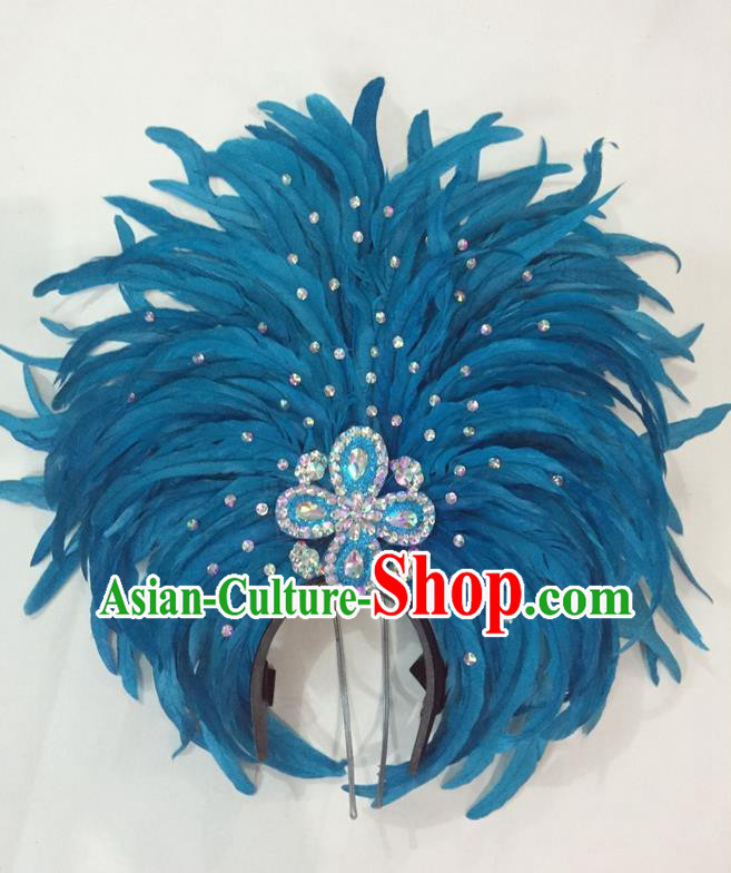 Top Grade Brazilian Rio Carnival Samba Dance Hair Accessories Giant Headpiece Headwear, Halloween Parade Big Blue Feather Headdress for Women