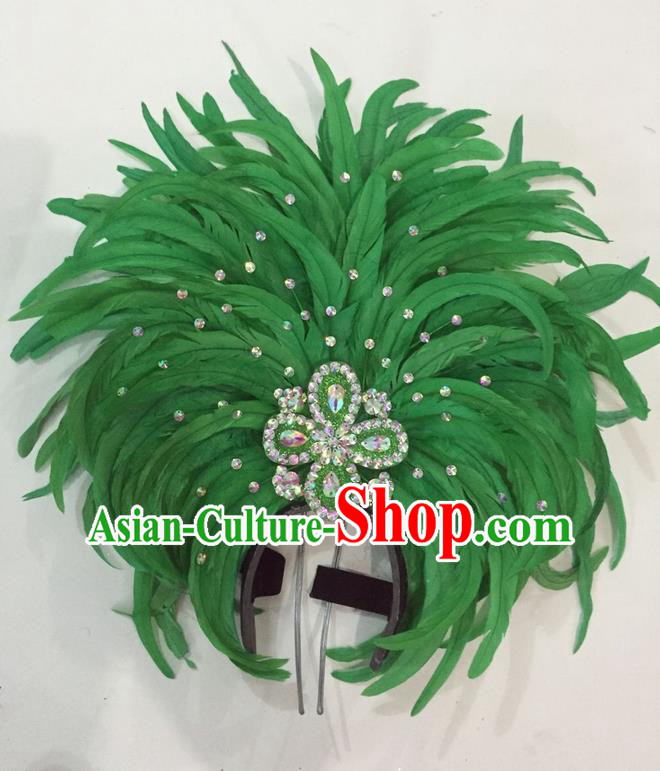 Top Grade Brazilian Rio Carnival Samba Dance Hair Accessories Giant Headpiece Headwear, Halloween Parade Big Green Feather Headdress for Women