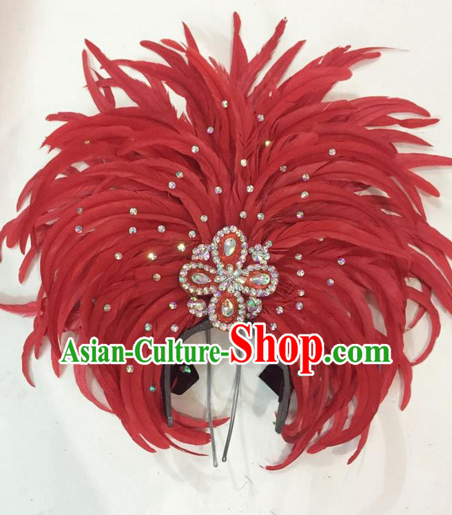 Top Grade Brazilian Rio Carnival Samba Dance Hair Accessories Giant Headpiece Headwear, Halloween Parade Big Red Feather Headdress for Women