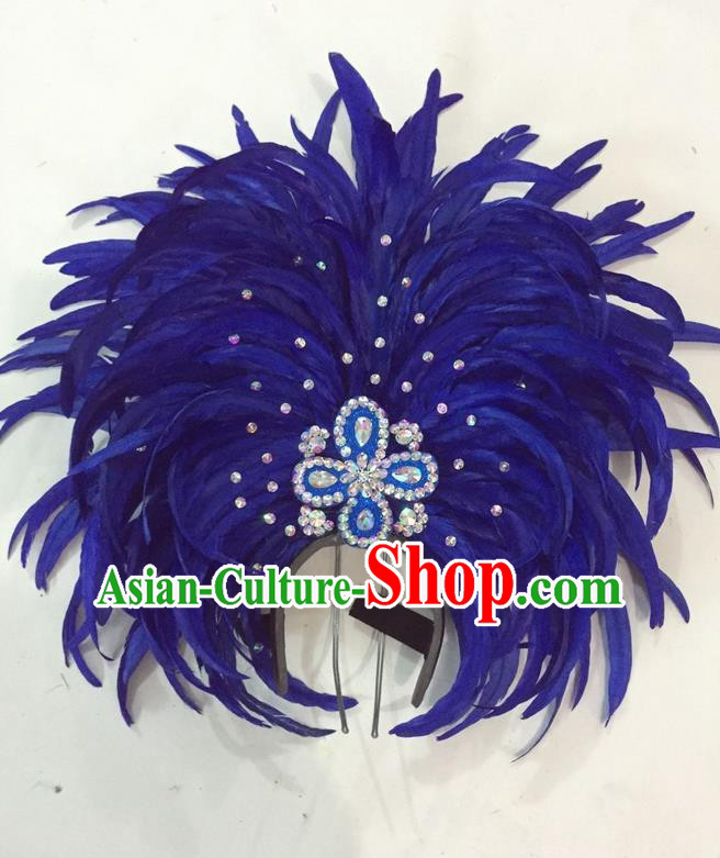 Top Grade Brazilian Rio Carnival Samba Dance Hair Accessories Giant Headpiece Headwear, Halloween Parade Big Royalblue Feather Headdress for Women