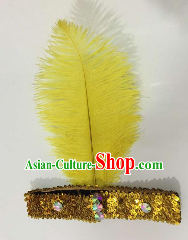 Top Grade Brazilian Rio Carnival Samba Dance Yellow Feather Hair Accessories Headpiece, Halloween Parade Crystal Headwear for Women