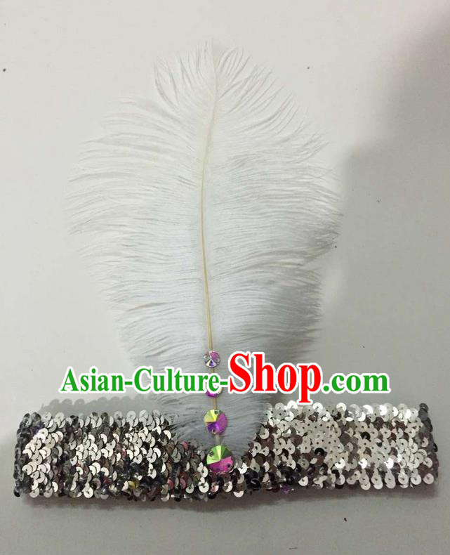 Top Grade Brazilian Rio Carnival Samba Dance White Feather Hair Accessories Headpiece, Halloween Parade Crystal Headwear for Women