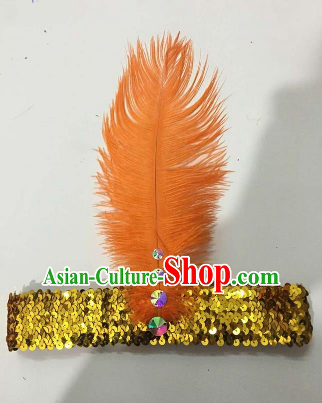 Top Grade Brazilian Rio Carnival Samba Dance Orange Feather Hair Accessories Headpiece, Halloween Parade Crystal Headwear for Women