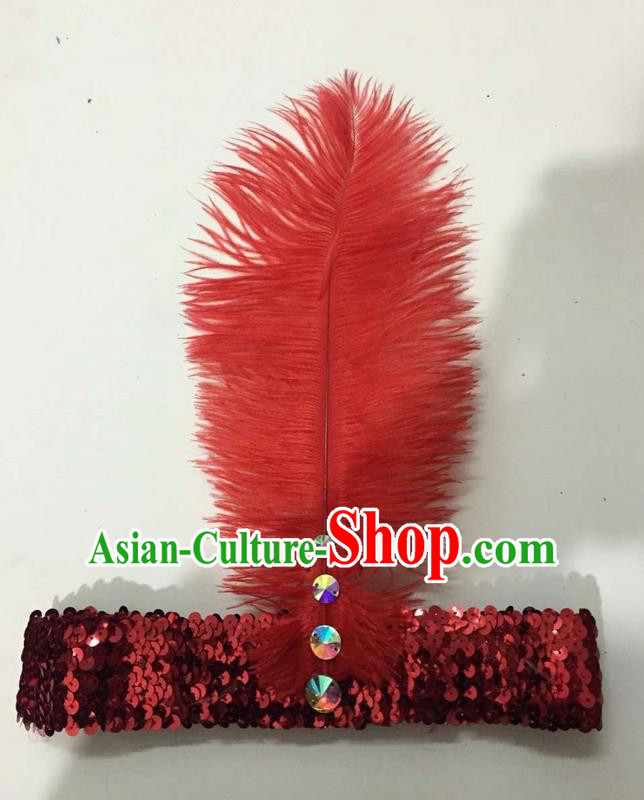 Top Grade Brazilian Rio Carnival Samba Dance Red Feather Hair Accessories Headpiece, Halloween Parade Crystal Headwear for Women