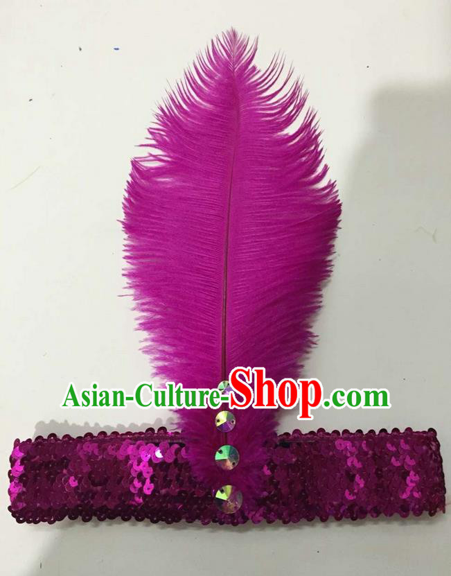 Top Grade Brazilian Rio Carnival Samba Dance Rosy Feather Hair Accessories Headpiece, Halloween Parade Crystal Headwear for Women