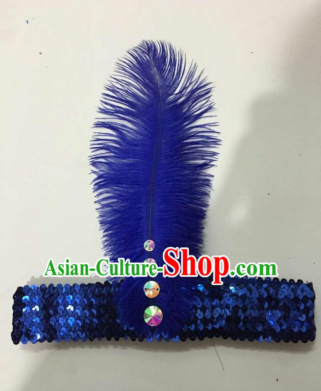 Top Grade Brazilian Rio Carnival Samba Dance Royalblue Feather Hair Accessories Headpiece, Halloween Parade Crystal Headwear for Women