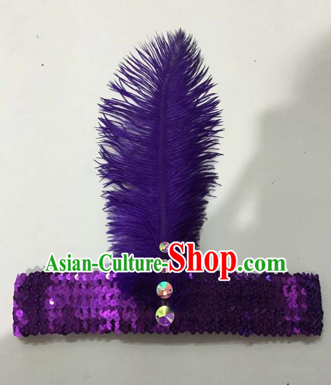 Top Grade Brazilian Rio Carnival Samba Dance Purple Feather Hair Accessories Headpiece, Halloween Parade Crystal Headwear for Women