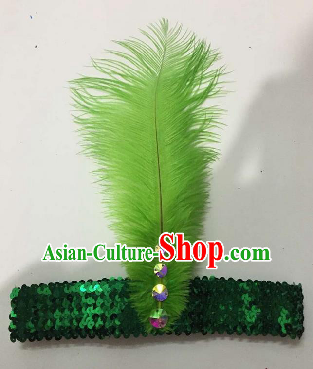 Top Grade Brazilian Rio Carnival Samba Dance Green Feather Hair Accessories Headpiece, Halloween Parade Crystal Headwear for Women